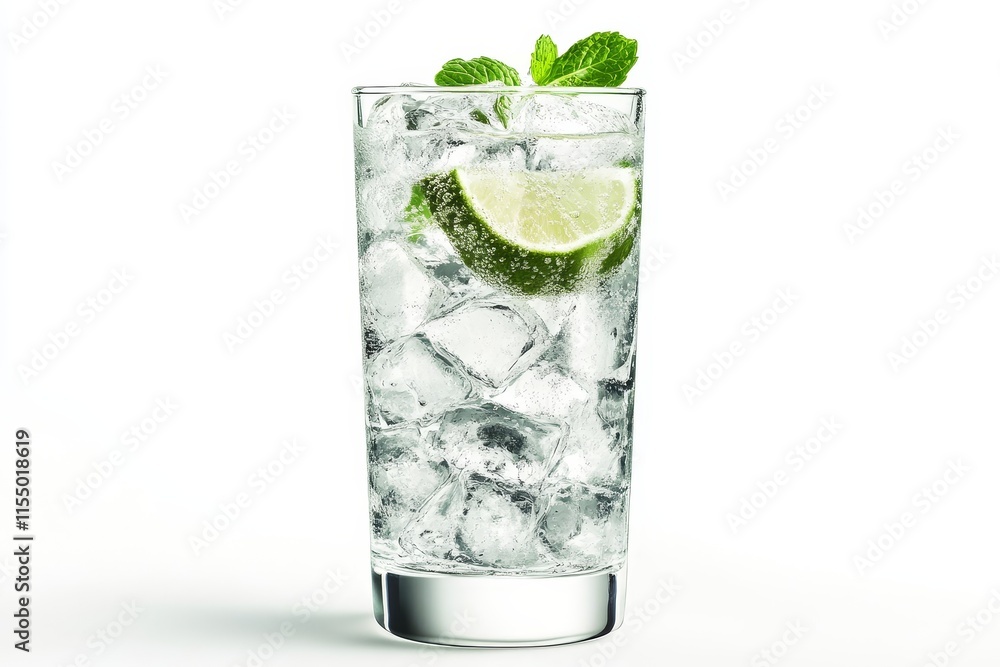 Refreshing lime and mint drink with ice in a highball glass.