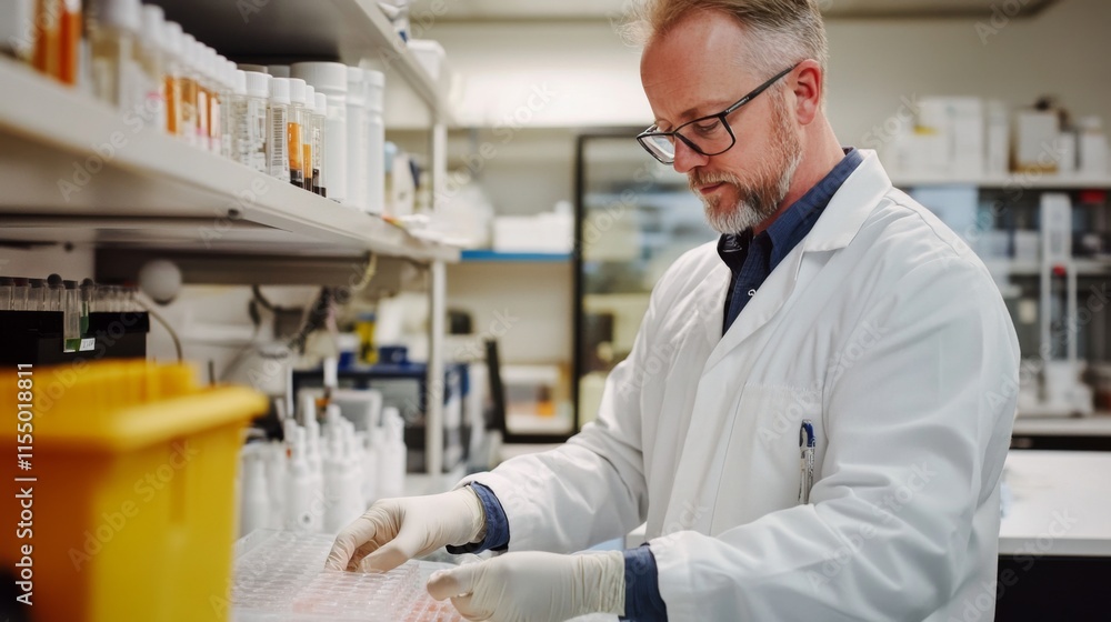 Scientist in lab coat examines samples in a modern laboratory setting. Scientist in lab coat examines samples in a modern laboratory setting.