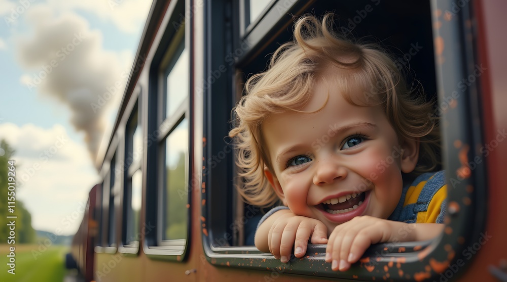 A toddler's joyful train journey, peering out the window with a radiant smile, capturing a moment of pure bliss and adventure.
