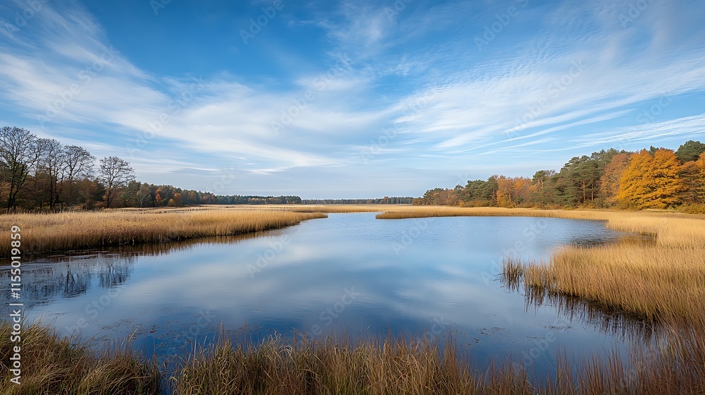 Autumnal lake landscape with calm water and colorful trees. Tranquil nature scene. Autumnal lake landscape with calm water and colorful trees. Tranquil nature scene.