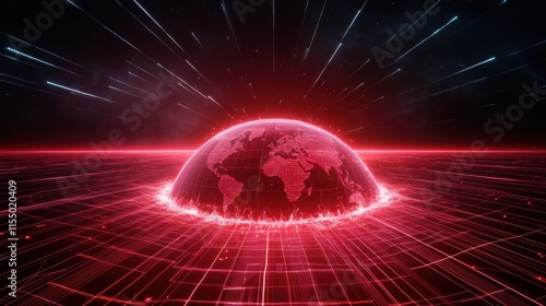 Cyberattack wave disrupts global network digital landscape futuristic environment aerial view technological concept
