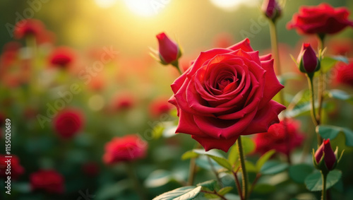 A garden path winds through a vibrant rose garden. Red roses bloom in abundance, bathed in the warm glow of the setting sun. The scene exudes peace and tranquility