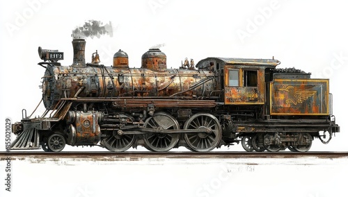 Rusty, vintage steam locomotive on tracks.