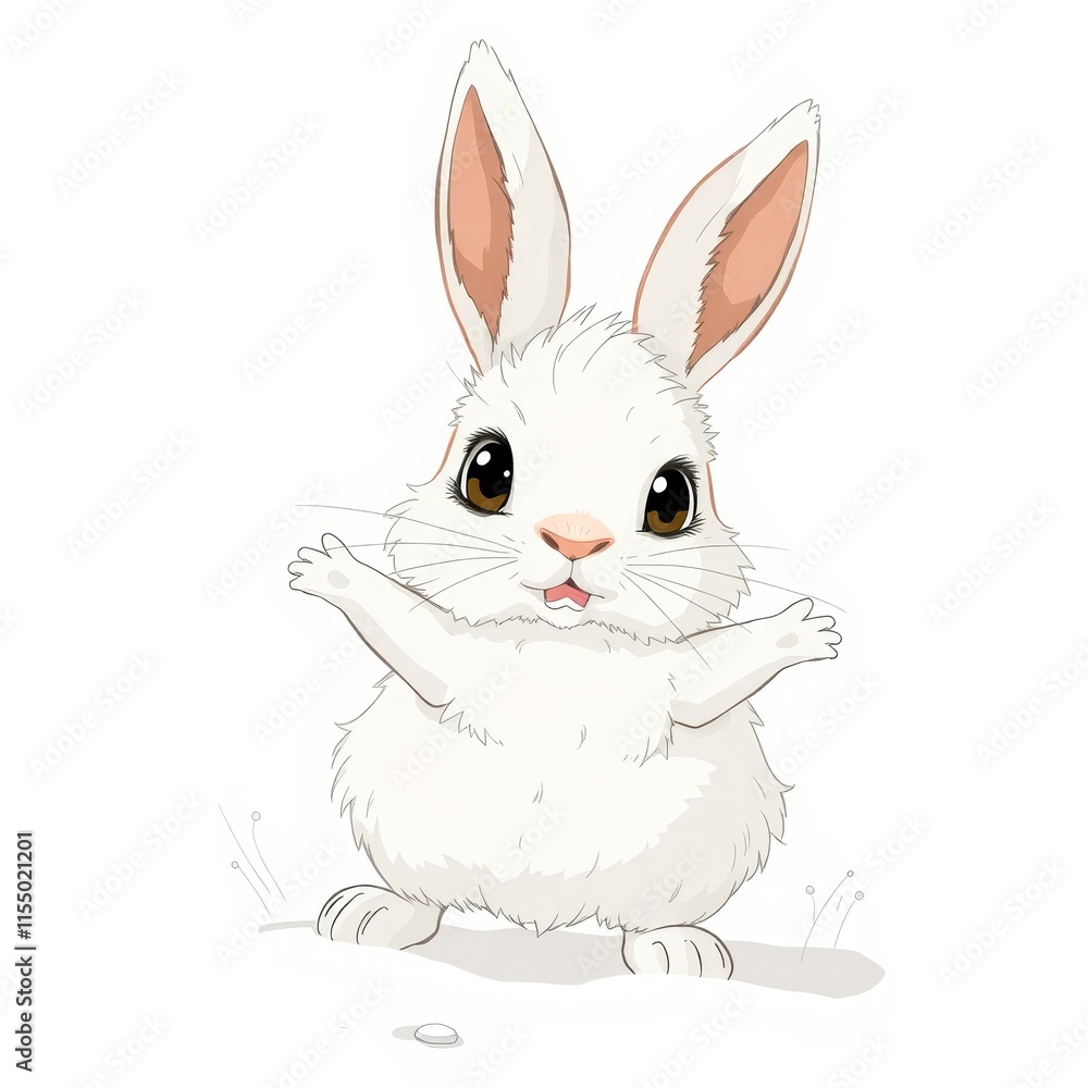 Fototapeta premium Cute white rabbit waving joyfully on a white background
