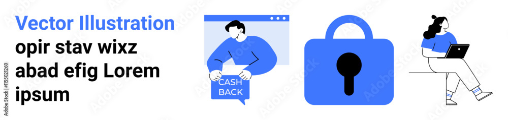 Man promoting cashback offer online, large security lock, and woman working remotely on laptop. Ideal for security, e-commerce, remote work, online offers, digital marketing, tech solutions Man promoting cashback offer online, large security lock, and woman working remotely on laptop. Ideal for security, e-commerce, remote work, online offers, digital marketing, tech solutions