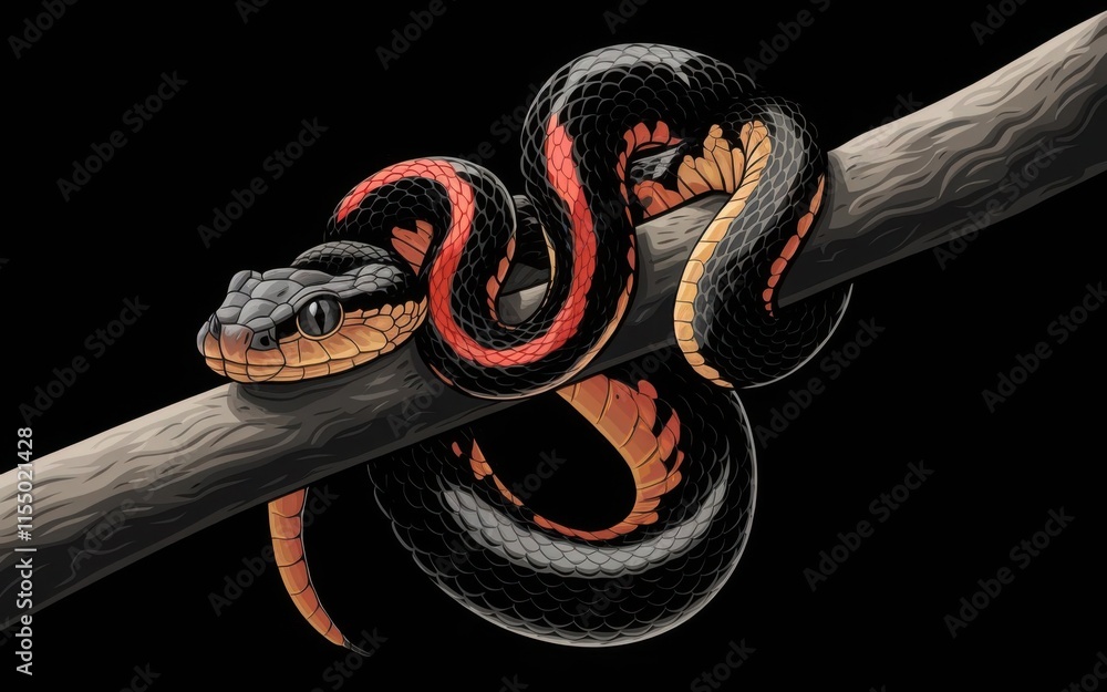 Obraz premium A Black mangrove pit viper with red and white markings coiled on a branch against a black background