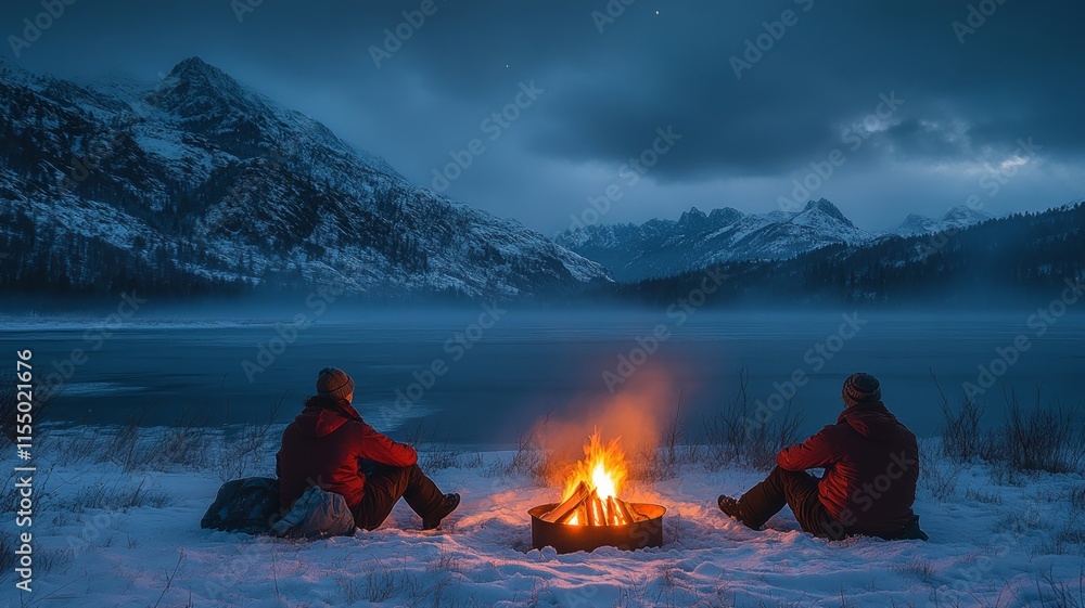 Campers by a fire in a snowy winter mountain landscape