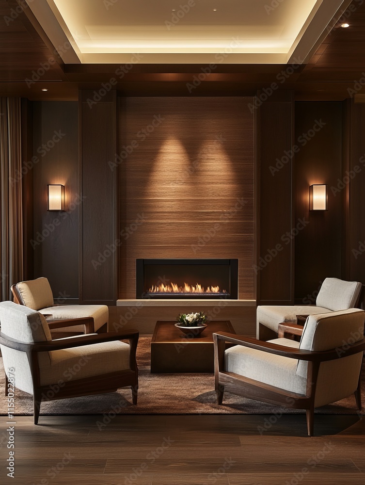 Fototapeta premium Modern Living Room with Fireplace and Comfortable Chairs