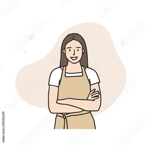 An illustration of a woman in an apron preparing to make a dish. Hand-drawn character vector elements.