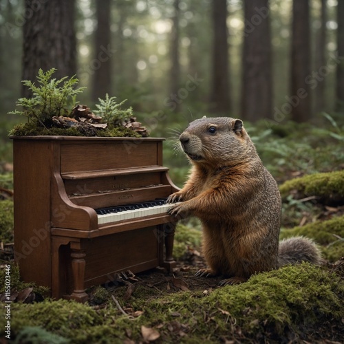 A playful groundhog playing a tiny piano in a whimsical woodland scene. photo