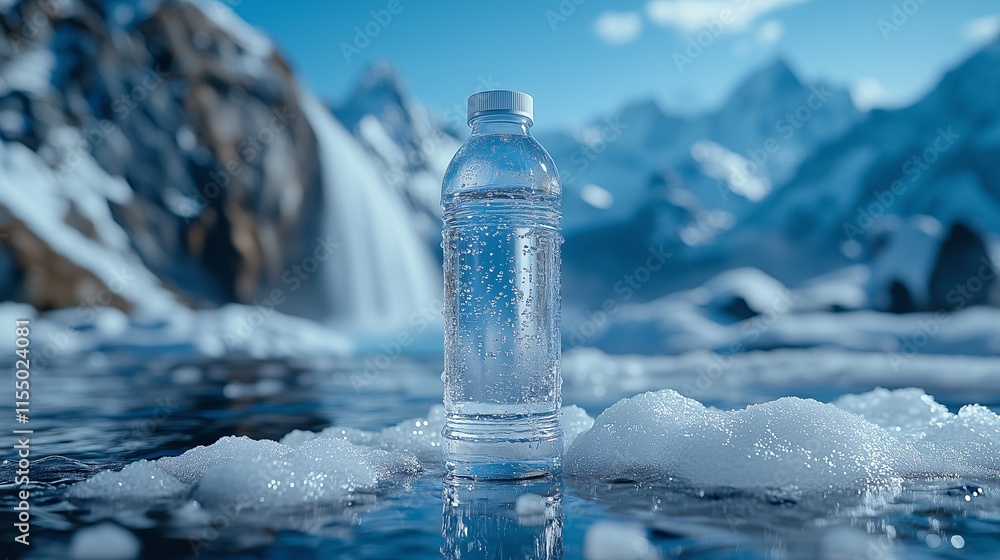Plastic bottle with fresh mineral water on ice in the mountains Plastic bottle with fresh mineral water on ice in the mountains