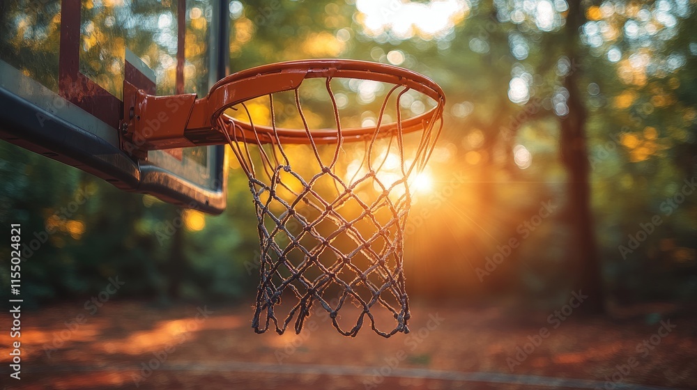 Close-up of basketball hoop at sunset, net worn. Perfect for themes of sport, leisure, and nature; evokes a sense of nostalgia and calm. Close-up of basketball hoop at sunset, net worn. Perfect for themes of sport, leisure, and nature; evokes a sense of nostalgia and calm.