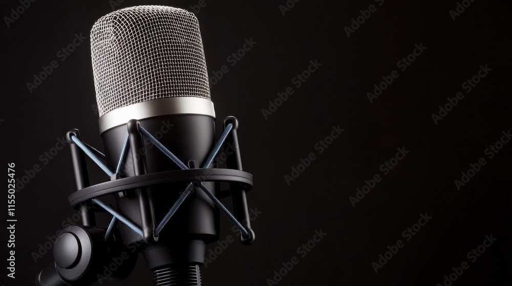 Voice and tone recording concept. Microphone on a black background, ideal for audio-related content. Voice and tone recording concept. Microphone on a black background, ideal for audio-related content.