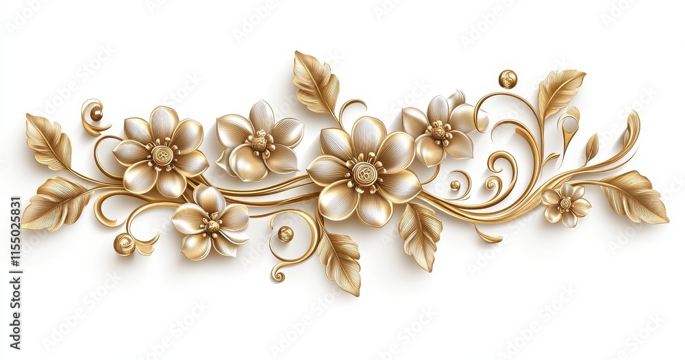 Golden floral ornament, elegant 3D flowers and leaves design. Golden floral ornament, elegant 3D flowers and leaves design.