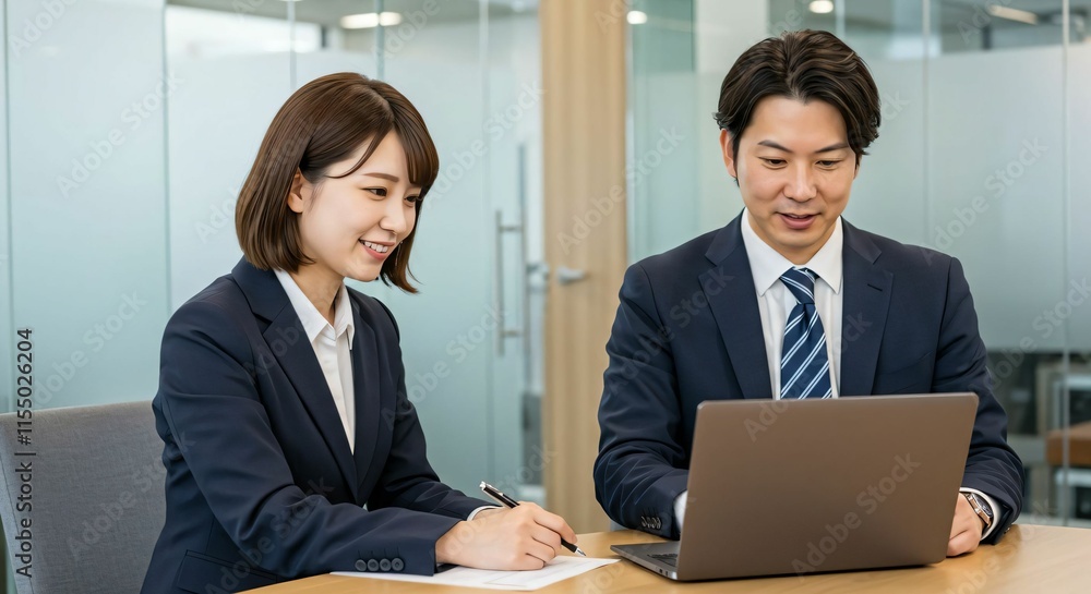 Corporate Training: Japanese Young Woman and Male Mentor Collaborating on a Business Project with a Laptop Corporate Training: Japanese Young Woman and Male Mentor Collaborating on a Business Project with a Laptop