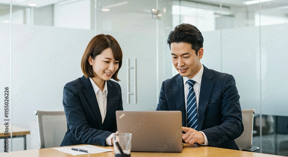 Corporate Training: Japanese Young Woman and Male Mentor Collaborating on a Business Project with a Laptop Corporate Training: Japanese Young Woman and Male Mentor Collaborating on a Business Project with a Laptop