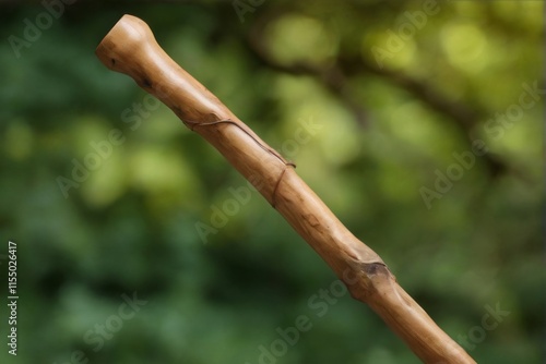 Closeup of elegant wooden walking stick with smooth finish in peaceful garden setting, made of lightcolored maple or oak. photo