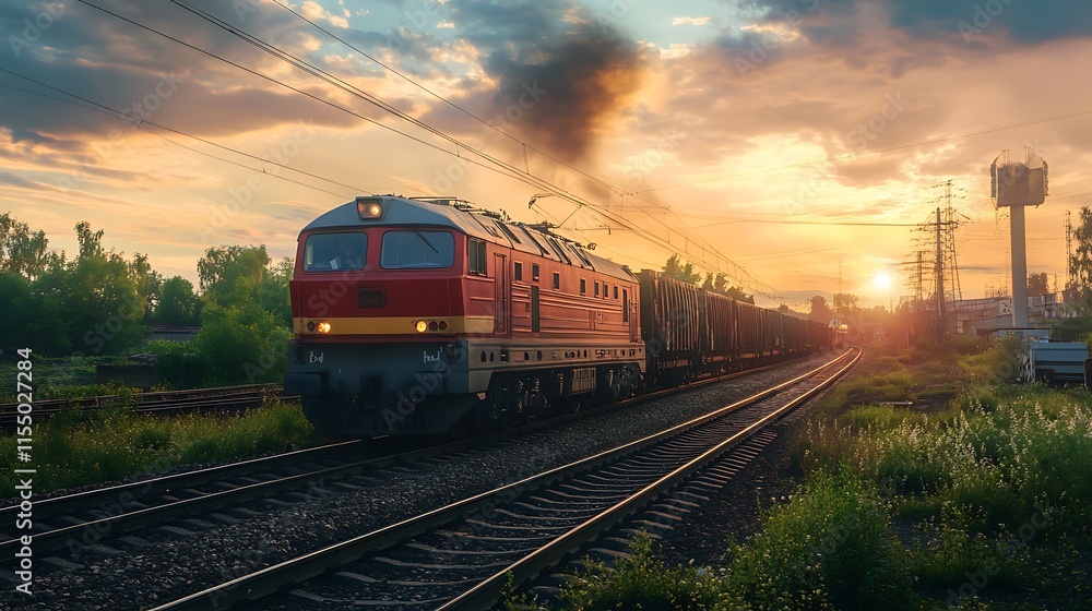 Fototapeta premium Freight Train at Sunset. Transportation, Cargo, Railroad