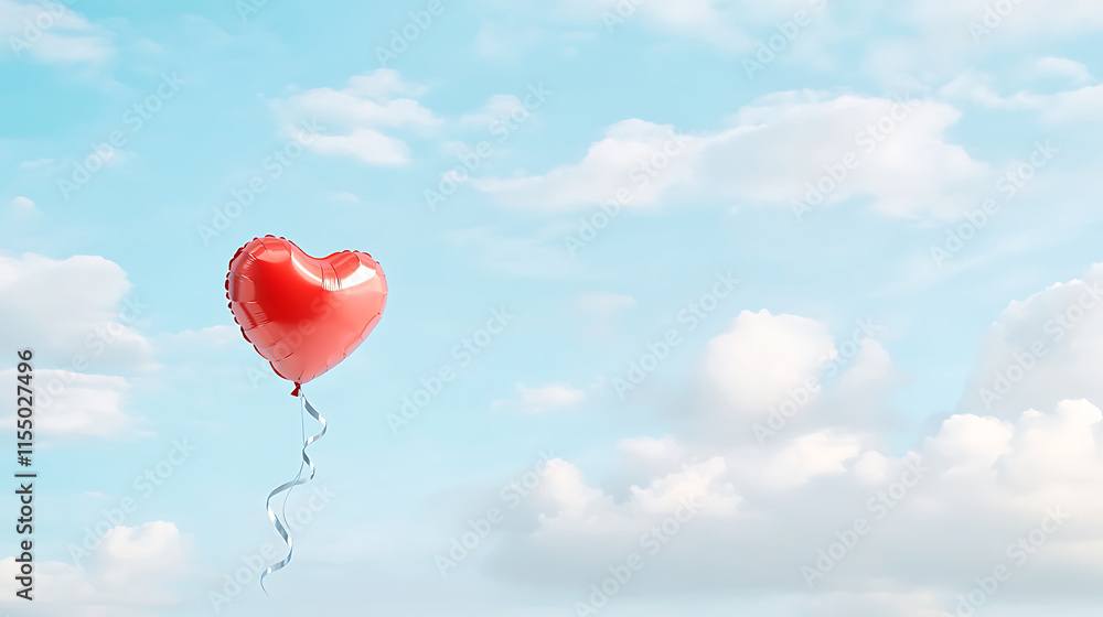 romantic red heart balloon floating in blue sky with clouds romantic red heart balloon floating in blue sky with clouds