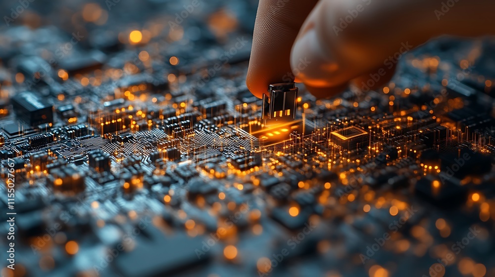 Hand inserting chip into circuit board. Hand inserting chip into circuit board.