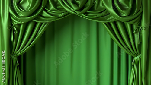 Green velvet curtains on a theater stage with a spotlight