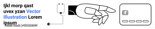 Hand pointing at a chip card, connected plug on the left, and lorem ipsum text. Ideal for technology, digital transactions, finance, security, connectivity, electronic payments innovation themes