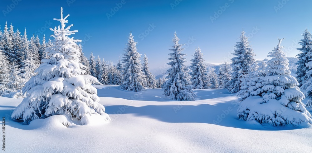 Serene Winter Wonderland Scene with Snow-Covered Pine Trees and Clear Blue Sky, Perfect for Evoking Tranquility and Holiday Spirit in Nature Photography Serene Winter Wonderland Scene with Snow-Covered Pine Trees and Clear Blue Sky, Perfect for Evoking Tranquility and Holiday Spirit in Nature Photography