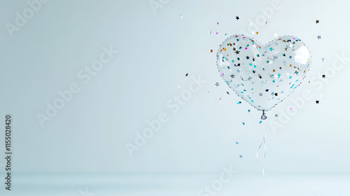minimalist depiction of clear heart balloon with colorful stars floating