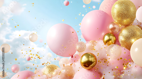 vibrant scene of pink and gold balloons floating against blue sky, creating festive atmosphere