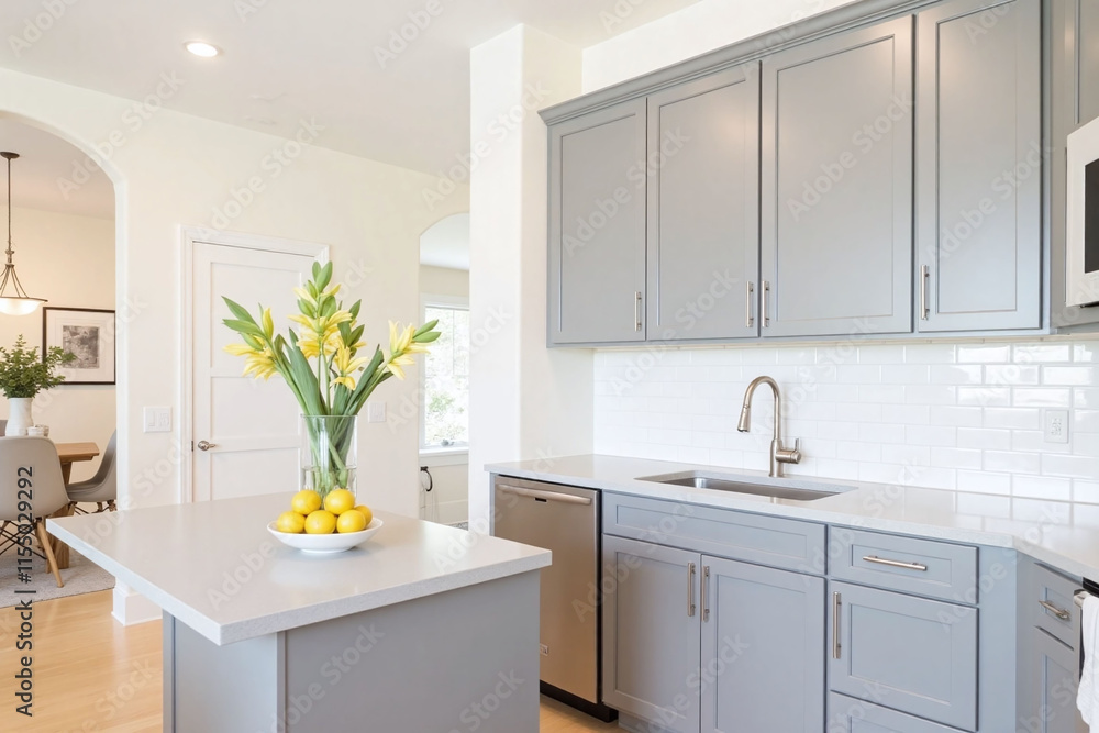 Fototapeta premium Kitchen peninsula gray countertop fresh flowers hardwood floor