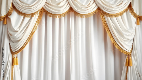 The flowing white curtain, adorned with a delicate ribbon, drapes majestically across the theater stage, ready for the show to begin