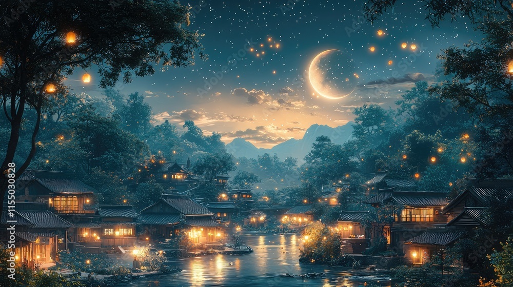 A serene night scene of a village by a river, illuminated by lanterns and a crescent moon. A serene night scene of a village by a river, illuminated by lanterns and a crescent moon.