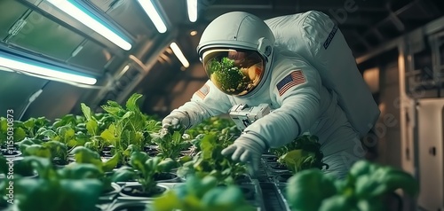 Fototapeta Naklejka Na Ścianę i Meble -  Astronaut tending to lush green plants in a futuristic space habitat.  Cultivating life beyond Earth.