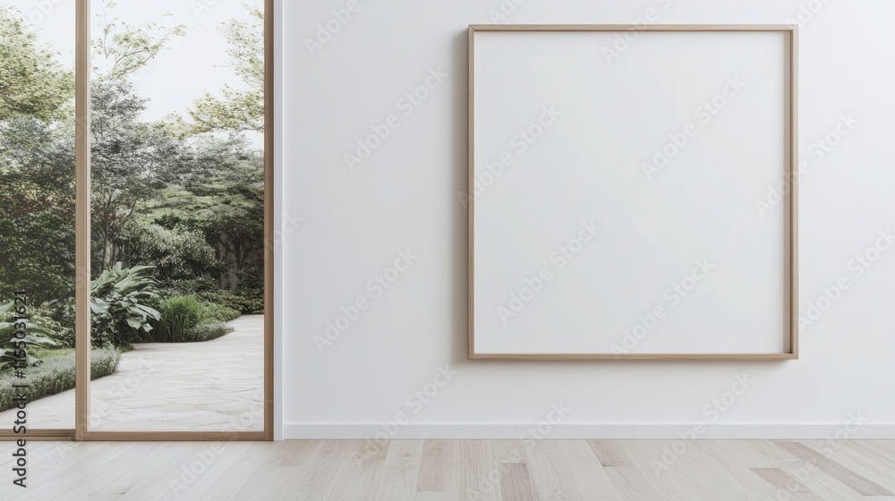 Modern minimalist room with large blank canvas and garden view. Modern minimalist room with large blank canvas and garden view.
