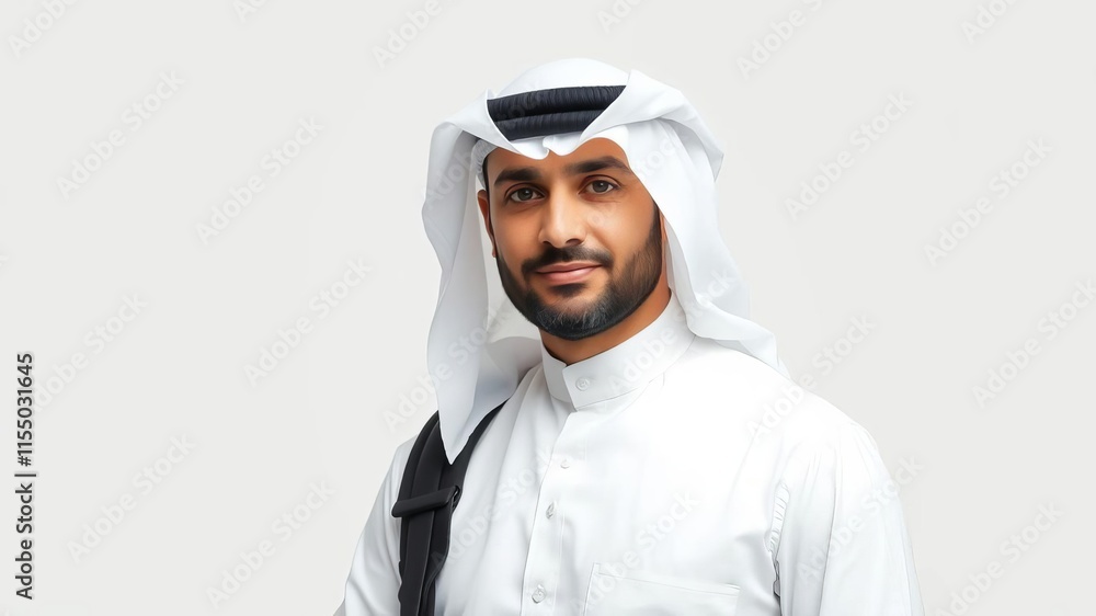 Mature arab businessman in white thobe holding briefcase, professional, white Mature arab businessman in white thobe holding briefcase, professional, white