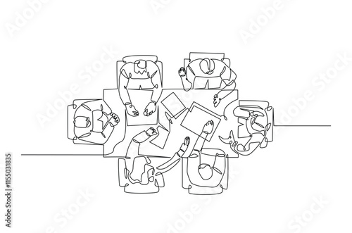 businesspeople meeting in the table continuous one line drawing. Business teamwork concept in single line art illustration. Editable vector.