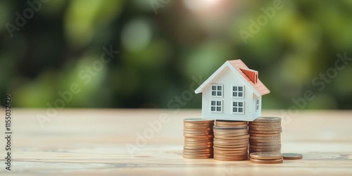 Miniature house models stacked on top of coins to represent business risk management in real estate investment and home mortgages, savings, mortgage