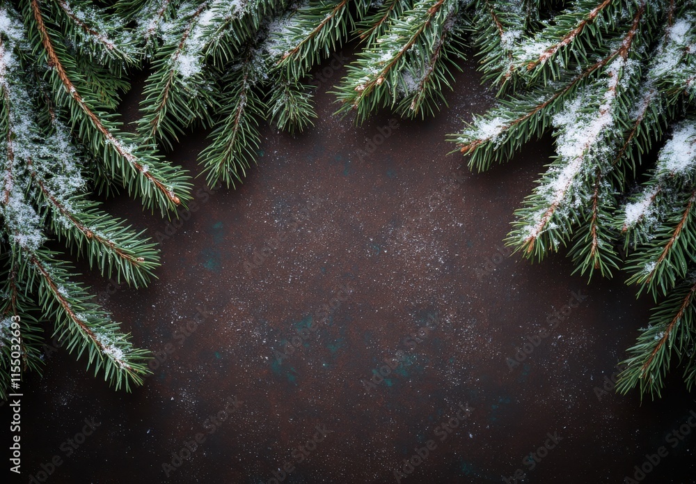 custom made wallpaper toronto digitalSnow-Covered Evergreen Branches Creating a Festive Frame on a Rustic Dark Brown Background for Holiday and Winter-Themed Designs and Decorations