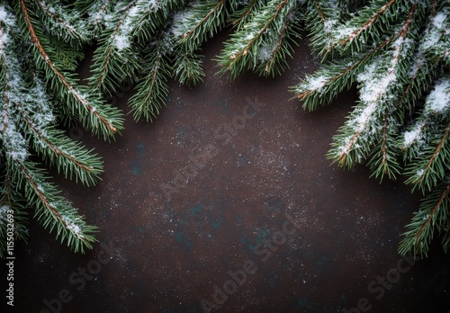 Wallpaper Mural Snow-Covered Evergreen Branches Creating a Festive Frame on a Rustic Dark Brown Background for Holiday and Winter-Themed Designs and Decorations Torontodigital.ca