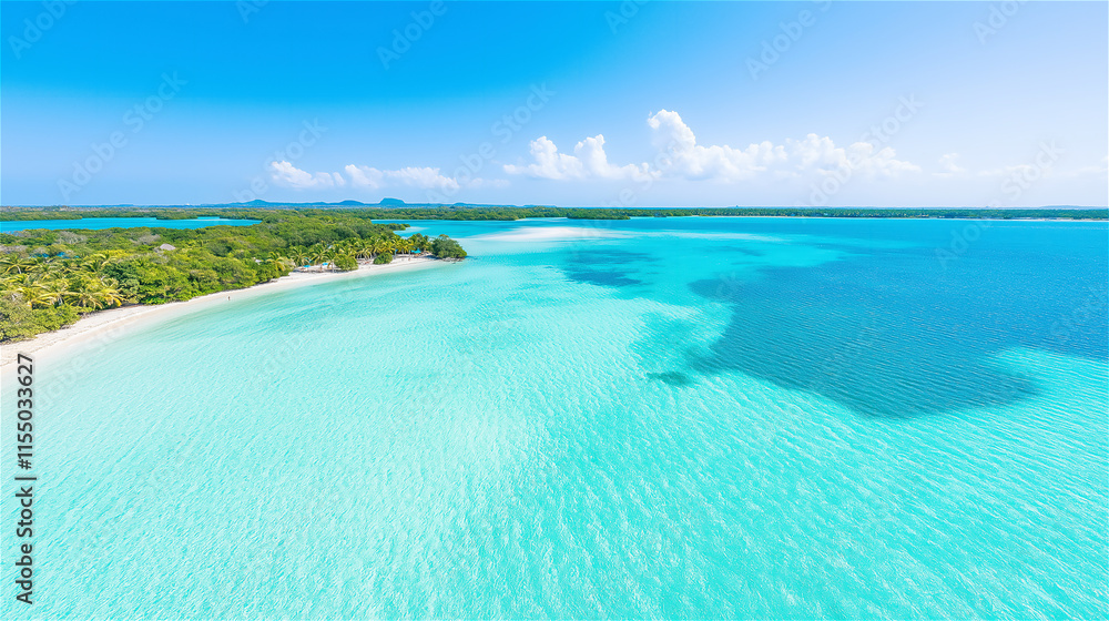 Fototapeta premium A tropical beach with crystal-clear turquoise water and white sandy shores under a bright blue sky. Ultimate vacation and paradise imagery with copy space.