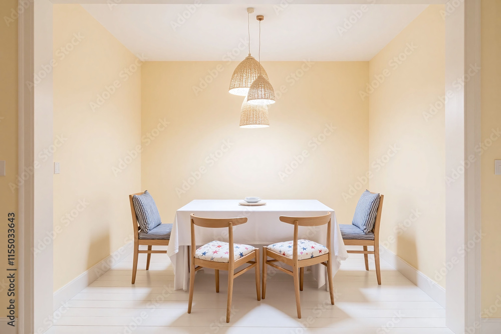 Fototapeta premium Dining area wooden floor beige walls table chairs lights