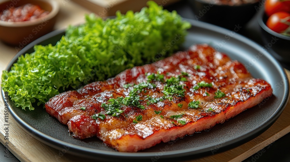 Grilled meat with lettuce on a black plate. Grilled meat with lettuce on a black plate.