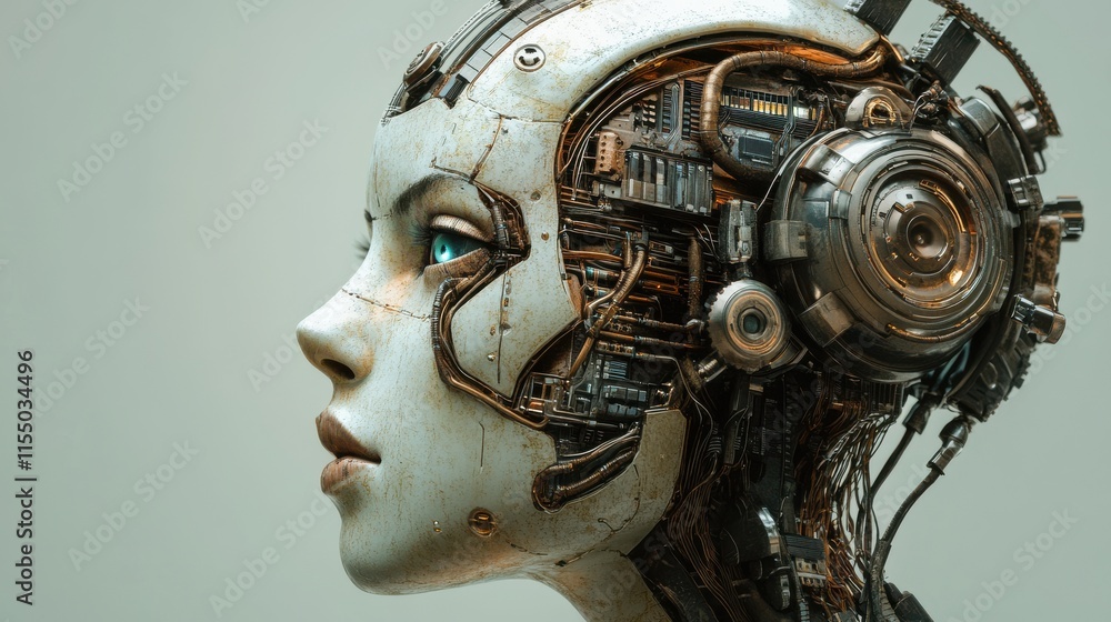 Futuristic Robot Head with Intricate Circuitry and Glowing Eye Futuristic Robot Head with Intricate Circuitry and Glowing Eye