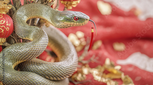 A majestic snake entwines around a decorated Chinese New Year tree, its shimmering golden and green scales adding to the festive atmosphere, with red lanterns and golden ornaments symbolizing prosperi photo