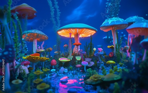 Enchanted underwater mushroom forest. Glowing fungi, vibrant colors, magical scene. Perfect for fantasy, fairytale, or nature themes. photo