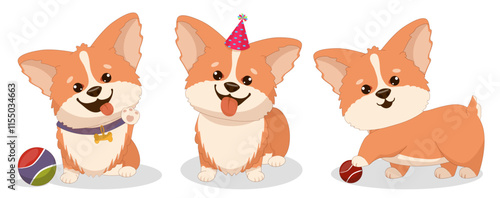 Set of corgi dogs in different poses cheerful puppy sitting with a ball, puppy in a cap, puppy with a basketball. Vector illustration for a poster, greeting card or invitation