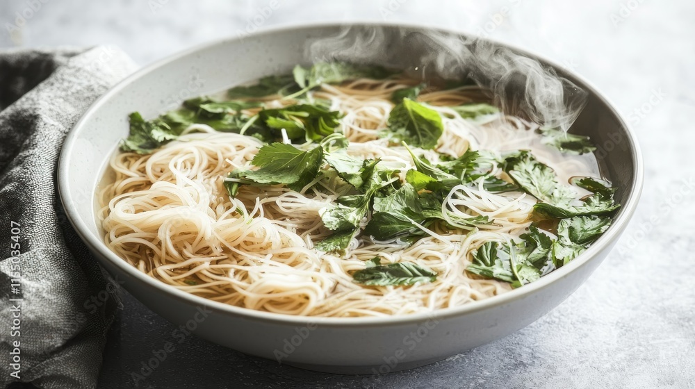 A bowl of steaming noodles garnished with fresh herbs. A bowl of steaming noodles garnished with fresh herbs.