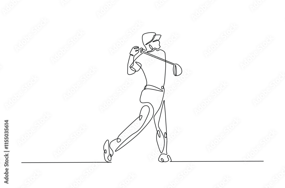 Man playing golf continuous one line drawing. professional golfer swinging the stick in single line art illustration. Editable vector. Man playing golf continuous one line drawing. professional golfer swinging the stick in single line art illustration. Editable vector.