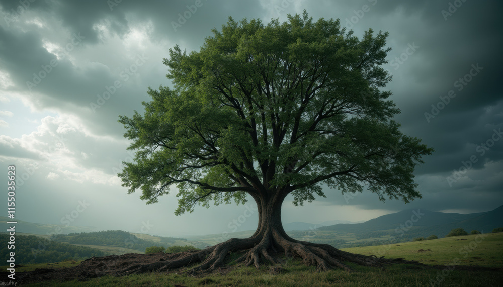Obraz premium Strong tree with deep roots enduring a storm, symbolizing resilience and strength, against a stormy backdrop with copy space