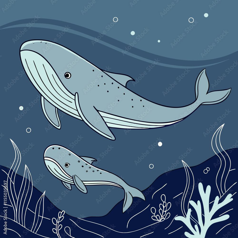 Fototapeta premium captivating vector illustration of a sperm whale diving deep into the ocean with its baby, capturing the beauty of marine life and the bond between mother and calf.